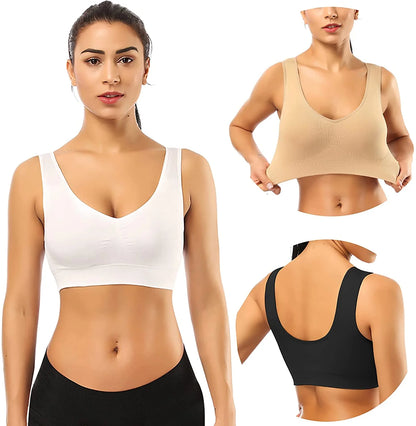 3-Pack Women's Seamless Sports Bras - Comfortable & Stylish with Removable Pads, Plus Size, Black, White & Nude, XXL