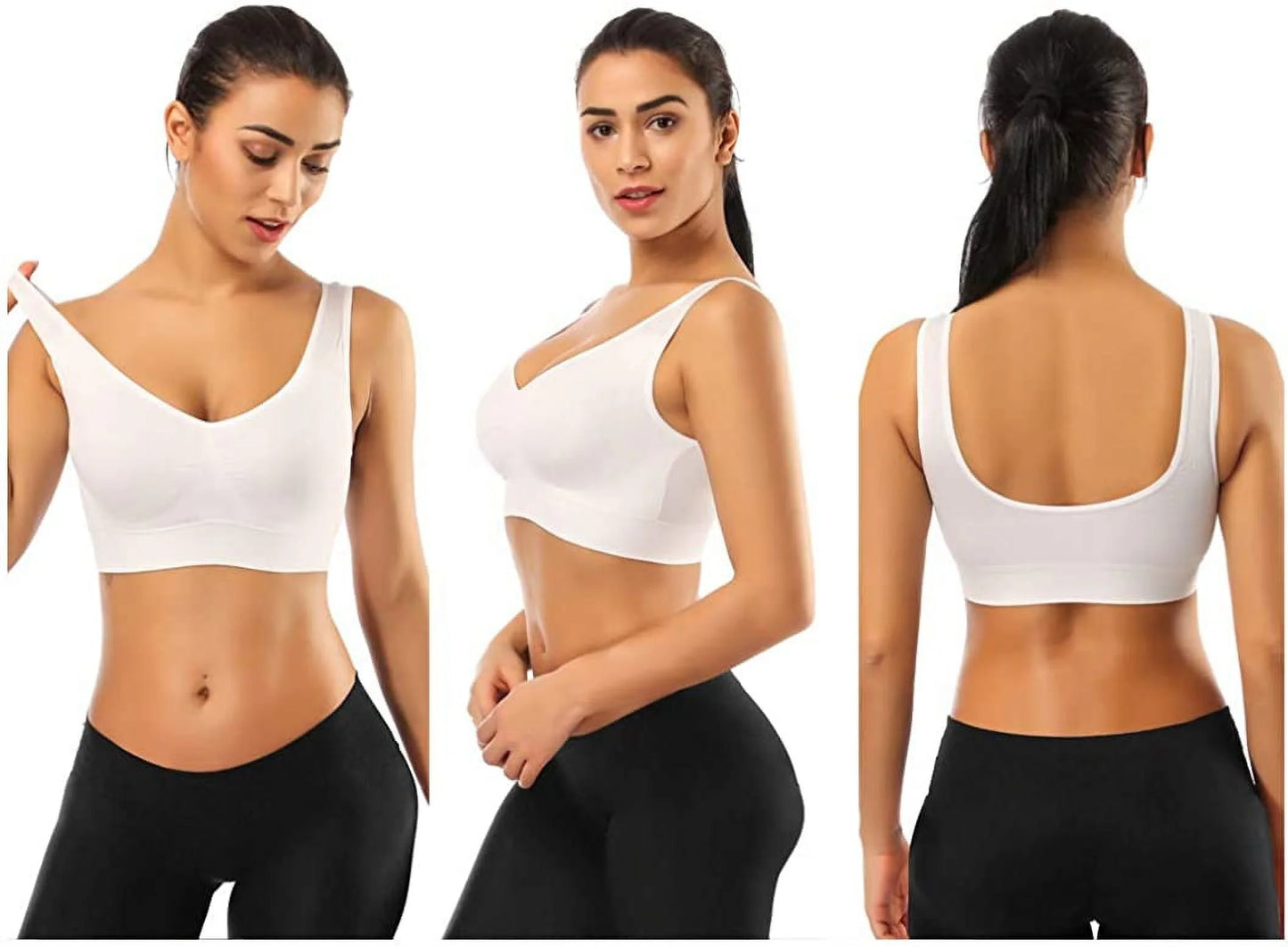 3-Pack Women's Seamless Sports Bras - Comfortable & Stylish with Removable Pads, Plus Size, Black, White & Nude, XXL